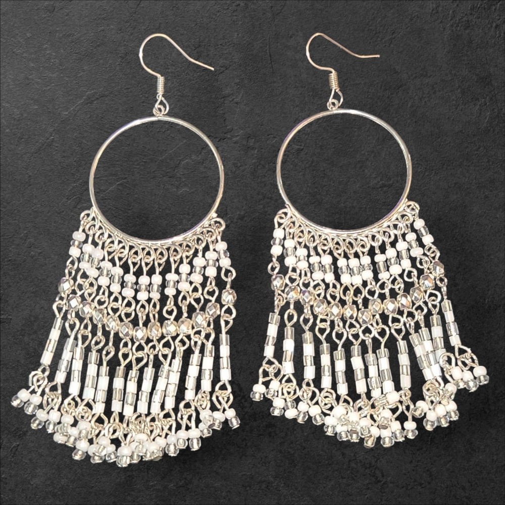 Silver Tone White Glass Beaded Fringe Chandelier‎ Statement Earrings 3.5"
